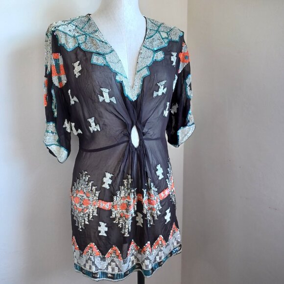 All Saints Tunic Silk Sequined Embellished Aztec Chariot Dress Womens 6 NEW - Picture 10 of 16